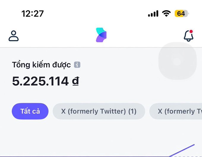 A Vietnamese-language earnings dashboard showing total earnings of 5,225,114 đ (dong) with filter options including 'All' and 'X (formerly Twitter)'.