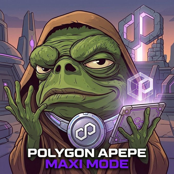 The image features a cartoon frog with a green skin tone holding a tablet computer. The background of the image shows an urban setting with buildings and other city elements. The caption below the image reads "Polygon APEPE Maxi mode".
