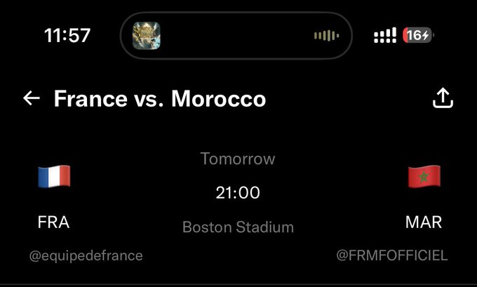 A screenshot from a mobile phone displays an upcoming soccer match between France (FRA) and Morocco (MAR) scheduled for tomorrow at 21:00 at Boston Stadium, with the image likely shared as context for the contest predicting the correct score of the game.