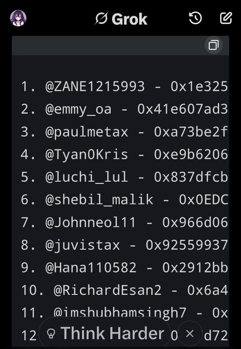 The image shows a phone screen with a list of people's names, including their social media handles such as "@Zane121593" and "@EmmyOa", along with other usernames like "@paulmetax" and "@shubhamsinger7". The post is titled "Thinking Harder 0x72" and has a caption that reads "Congratulations All winner FuglyEth Winners (15 GTD + 15 FCFS randomly selected) 1. @Zane121593 - 0x1e325696a372f414c20736796fd0cd2cceb482c1 2. @emmyOa - 0x41e607ad3b36ff331c1f17e2ec4372e3093d8dcd 3. @paulmetax - 0xa73be2f2c8f50f7eb9dc919ecd61464582b5893f". The phone screen displays the names and usernames in a list format, which is likely to be used for social media management or communication purposes.