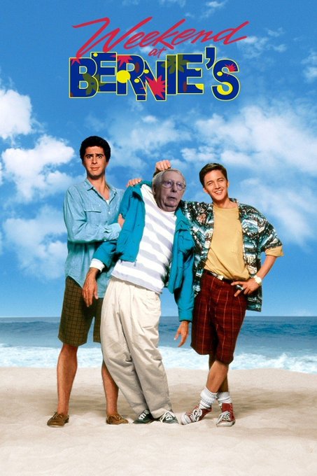 A movie poster for 'Weekend at Bernie's' showing two young men in beach attire holding up an older deceased man on a sandy beach with a blue sky and ocean in the background.