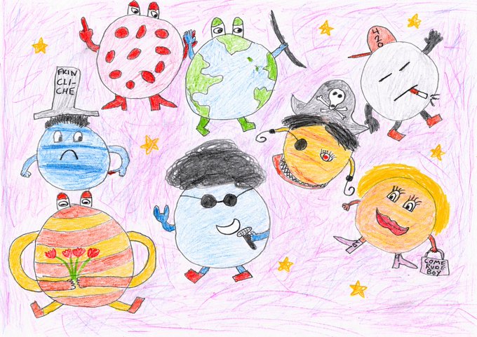 A whimsical, hand-drawn illustration features nine anthropomorphized planet characters with arms, legs, and expressive faces, including one wearing a "PRIN CLI-CHE" hat and another holding a "SAFE RACE BOY" sign. The colorful artwork, set against a pink starry background, appears to be the "Priceless piece from @SneakyProds" referenced in the caption, showcasing quirky celestial personalities for the upcoming "Cosmos" collection.