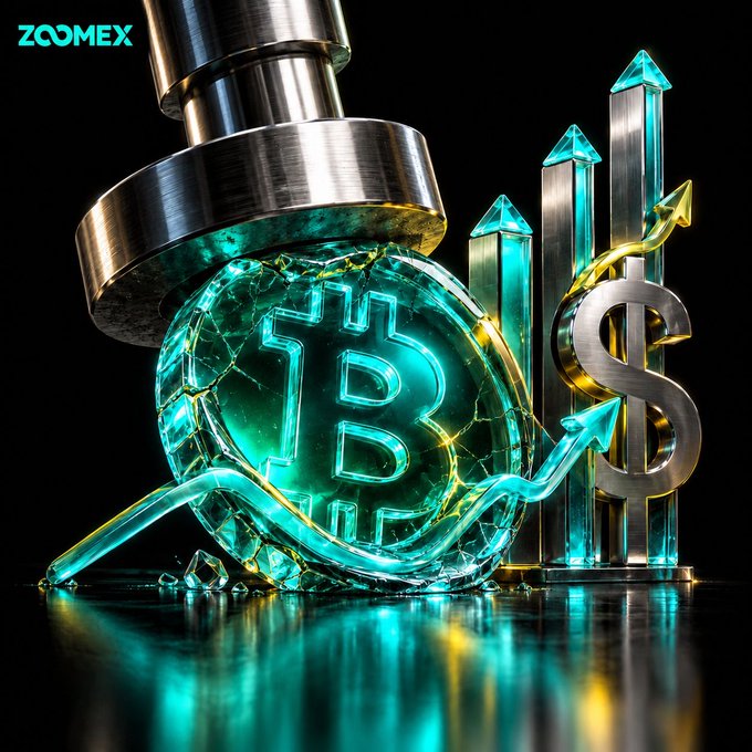 A stylized 3D render from ZOOMEX showing a cracked glass Bitcoin sphere being crushed by a hydraulic press, with crystalline pillars and a golden dollar sign in the background.