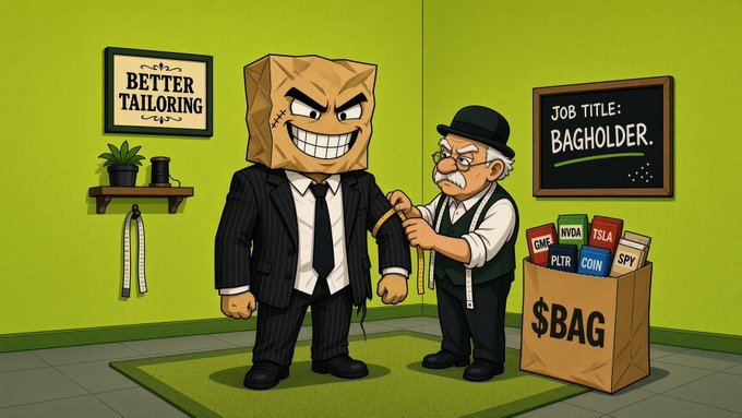 A cartoon illustration shows a paper bag-headed figure in a pinstripe suit being measured by a tailor in a green shop, with signs reading 'BETTER TAILORING' and 'JOB TITLE: BAGHOLDER,' alongside a '$BAG' box filled with ticker boxes labeled GMG, NVDA, TSLA, PLTR, COIN, and SPY.