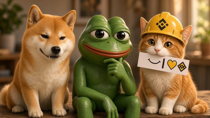 A whimsical digital image featuring a Shiba Inu dog, a green Pepe the Frog figurine with its hand on its chin, and an orange cat wearing a yellow Bitcoin-themed construction helmet next to a sign reading 'I ❤ ₿'.