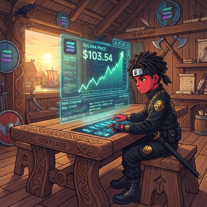 Anime-style illustration of a ninja character with dreadlocks sitting at a wooden desk analyzing a holographic Solana price chart displaying $103.54, with the 'SOLFLARE' branding visible on the desk and surroundings.