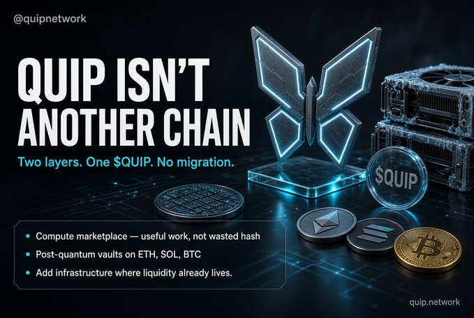A cryptocurrency promotional image with the text "QUIP ISN'T ANOTHER CHAIN" and "Two layers. One $QUIP. No migration." displays a glowing blue butterfly-like emblem alongside various crypto coins and mining hardware.