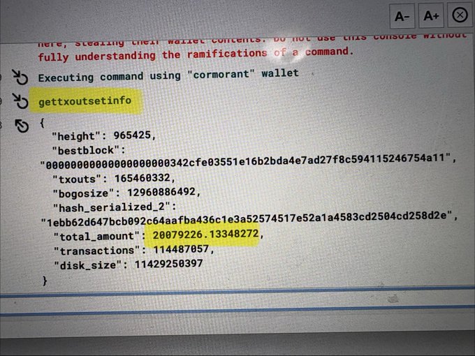 A computer screen displays the output of a "gettxoutsetinfo" command executed using a "cormorant" wallet, showing a total amount of 20079226.13348272 coins have been mined out of the Monero (XMR) supply, supporting the post's claim that less than 1 million coins remain to be mined from the total of approximately 21 million.