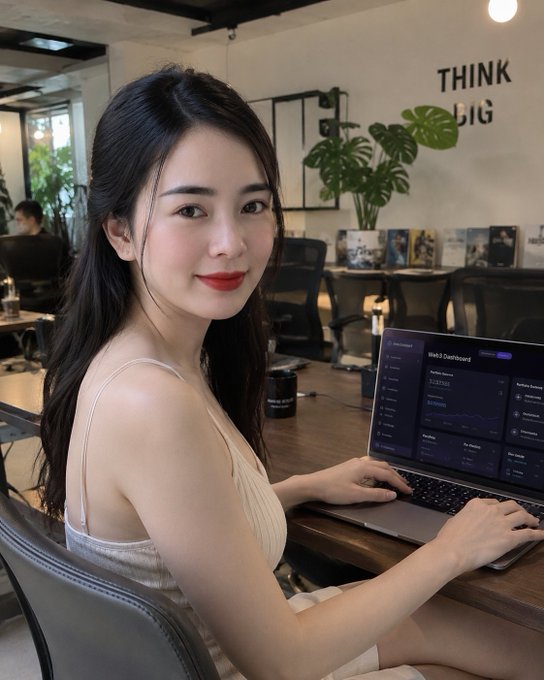 The image features a woman sitting at a desk, working on her laptop computer. She has long hair and is wearing a white dress. The background of the image shows several chairs and potted plants placed around the room, creating an office-like atmosphere. There are also books scattered in the area, suggesting that she might be engaged in research or studying.