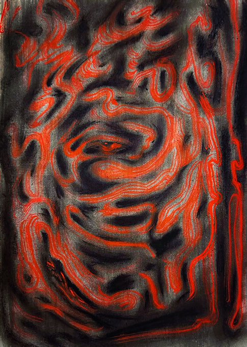 An abstract charcoal and red drawing depicts a distorted face with swirling, sinuous lines creating features emerging from a dark background.