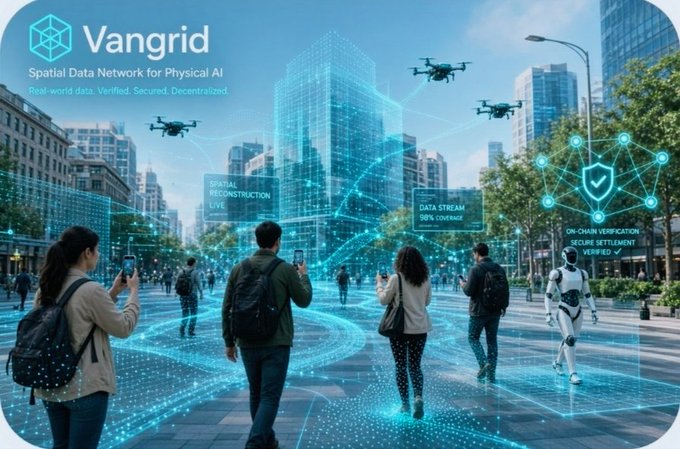 A promotional graphic for Vangrid, described as a "Spatial Data Network for Physical AI," depicts people using smartphones and drones in a futuristic city setting with features like data streams and on-chain verification.