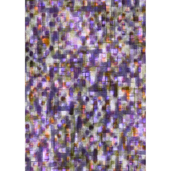 An abstract digital artwork titled "Foundations" by @florianzumbrunn, this image features a textured grid of intersecting lines and colored blocks in shades of purple, violet, and orange, visually representing "A story made of colors."
