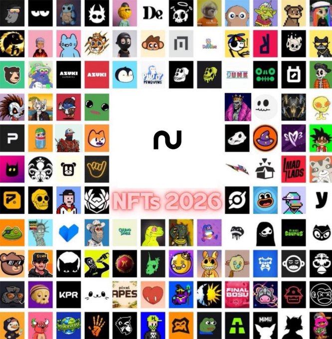 A grid collage displaying numerous NFT collection thumbnails surrounding a central white box with the text 'NFTs 2026', featuring recognizable projects like Pudgy Penguins and Mad Lads.