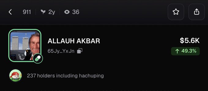 Screenshot of a token listing titled 'ALLAUH AKBAR' with wallet address '65Jy...YxJn', priced at $5.6K and up 49.3%, with 237 holders including hachuping.