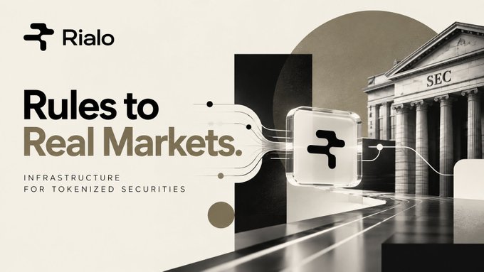 A promotional graphic for 'Rialo' with the headline 'Rules to Real Markets.' and subtitle 'INFRASTRUCTURE FOR TOKENIZED SECURITIES', showing a stylized SEC building alongside a glass-like logo.