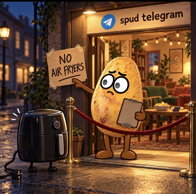 The image shows an anthropomorphic potato character standing behind a velvet rope outside a "spud telegram" shop, holding a clipboard and pointing at a handwritten "NO AIR FRYERS" sign taped to the wall, while a black air fryer sits dejectedly outside the entrance. The cartoon relates directly to the Telegram promo post—the potato mascot invites people to join "spud telegram" while humorously warning them not to bring up the air fryer, which he had apparently mistaken for a microwave.