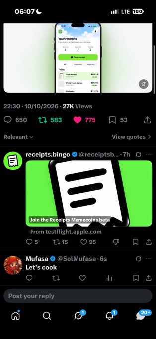 A mobile Twitter/X screenshot showing posts from receipts.bingo (@receiptsbin...) advertising 'Join the Receipts Memecoins beta' from testflight.apple.com, and a post from Mufasa (@SolMufasa) saying 'Let's cook'.