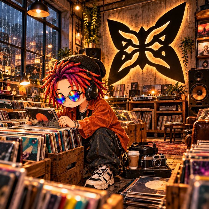 A stylized illustration of a person with colorful dreadlocks, headphones, and reflective sunglasses browsing vinyl records in a record shop, with a large illuminated butterfly logo on the wall behind them.