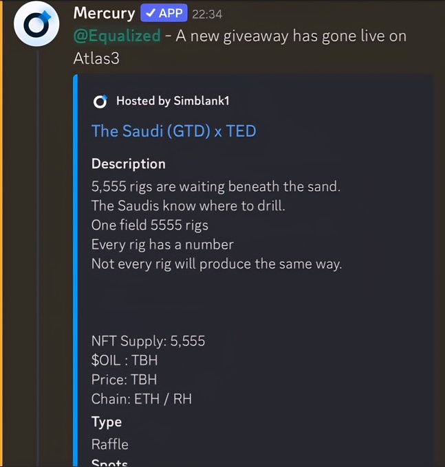 A screenshot from the Mercury app announcing a new giveaway hosted by Simblank1 titled 'The Saudi (GTD) x TED', described as featuring 5,555 rigs in a raffle format.