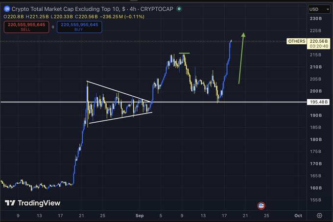 The image shows a TradingView 4-hour candlestick chart of "Crypto Total Market Cap Excluding Top 10" (OTHERS), which is currently trading around $220.56B after breaking out of a descending wedge pattern, confirming the post's claim about the start of the next alt season leg.
