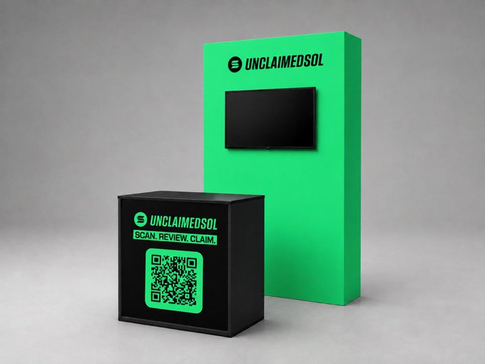 A bright green Solana Summit booth for "UNCLAIMEDSOL" features a black display screen and a black pedestal with a QR code, branded with the tagline "SCAN. REVIEW. CLAIM." to help Solana users easily access the Unclaimed SOL service at the event in Belgrade.