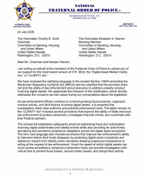 A document titled 'NATIONAL FRATERNAL ORDER OF POLICE' dated July 24, 2026, regarding the Blockchain Regulatory Clarity Act.