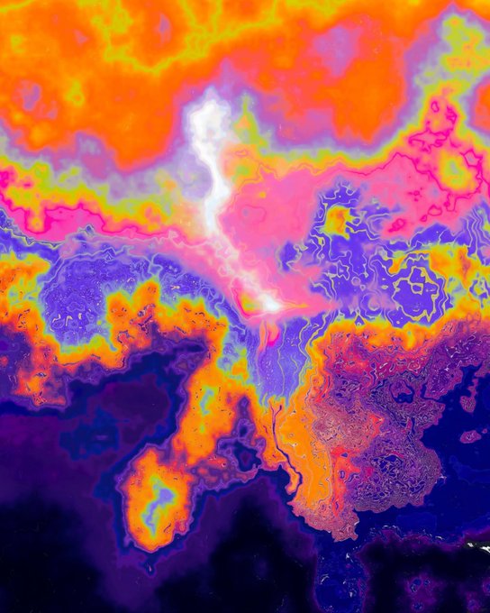 A vibrant abstract fluid art piece featuring swirling patterns of orange, pink, purple, and blue with a bright white streak running through the center.