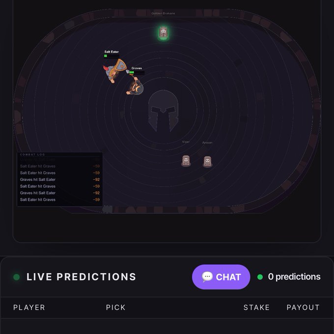A top-down screenshot of a video game combat arena showing two player characters fighting, with a combat log on the left and a 'LIVE PREDICTIONS' interface featuring a 'CHAT' button at the bottom.