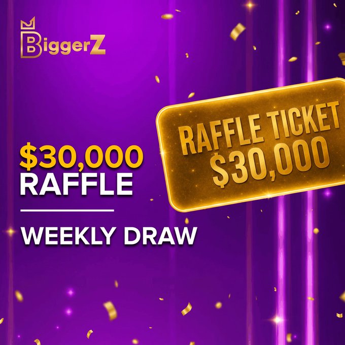 A BiggerZ promotional graphic announces a "$30,000 Raffle" with a "Weekly Draw," featuring a glowing gold raffle ticket graphic against a purple background with confetti, reinforcing the post's call to action to enter before the two-day deadline at BiggerZ.com.