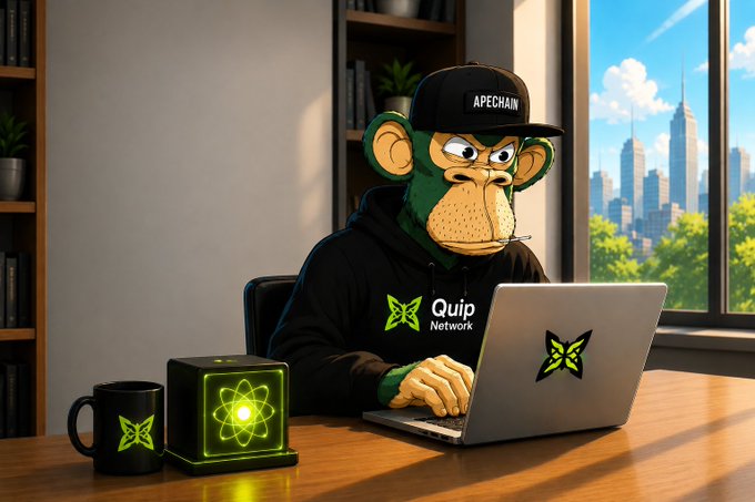 A digital artwork of a Bored Ape-style character wearing an 'APECHAIN' cap and 'Quip Network' hoodie, working on a laptop branded with the Quip logo, alongside branded mug and box.