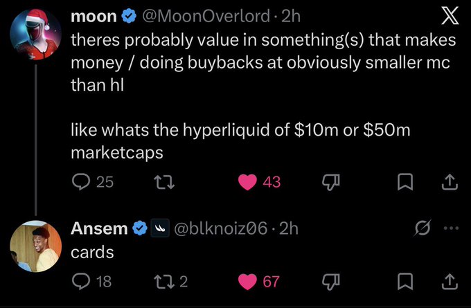 The image shows two posts side by side with Twitter handles, both appearing at different times of day. The first post has an image of someone's face with the text "MoonOverlord" above them and they wrote that there's probably value in something (like money) that makes a small business buybacks at necessarily smaller mtc. The second post is written by Anseem and features a heart and the number 67, but it doesn't provide any additional context or relevant information to relate to the first post.