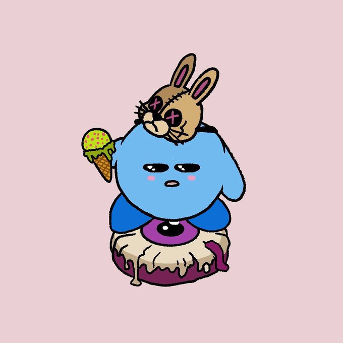 A cartoon illustration of a blue round character holding an ice cream cone, with a stitched bunny head resting on top, set against a pink background.