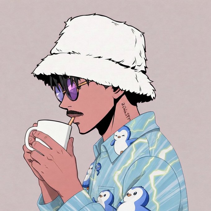An anime-style illustration of a dark-skinned person wearing a fluffy white hat, purple sunglasses, and a blue shirt patterned with penguins and lightning, drinking from a mug.