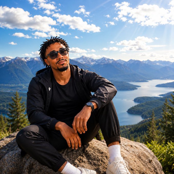 A young man with dreadlocks and sunglasses sits on a large rock in an all-black outfit, with a stunning mountain range and lake landscape stretching out behind him under a sunny blue sky.