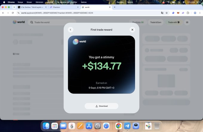 A screenshot shows a "First trade reward" popup on the world.xyz platform displaying a $134.77 sttmmy earned on 9 Sept at 6:19 PM GMT+3, with a Download button below. The image illustrates the reward earned after following the described steps of logging in via the referral link and connecting a Phantom wallet and X account.