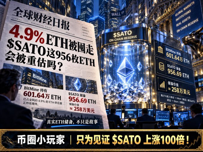 A Chinese promotional graphic for $SATO cryptocurrency, featuring a newspaper design claiming '4.9% ETH被圈走' and 'BitMine持有601.64万ETH', set against a Wall Street backdrop with Ethereum imagery.