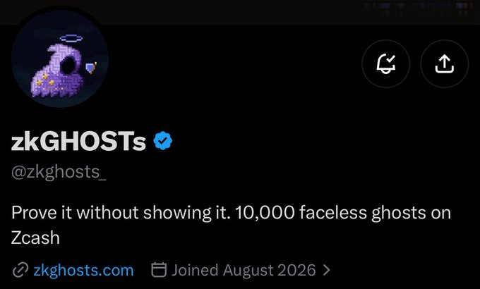 A Twitter/X profile for "zkGHOSTs @zkghosts_" with bio "Prove it without showing it. 10,000 faceless ghosts on Zcash", joined August 2026, featuring a pixel art ghost avatar.