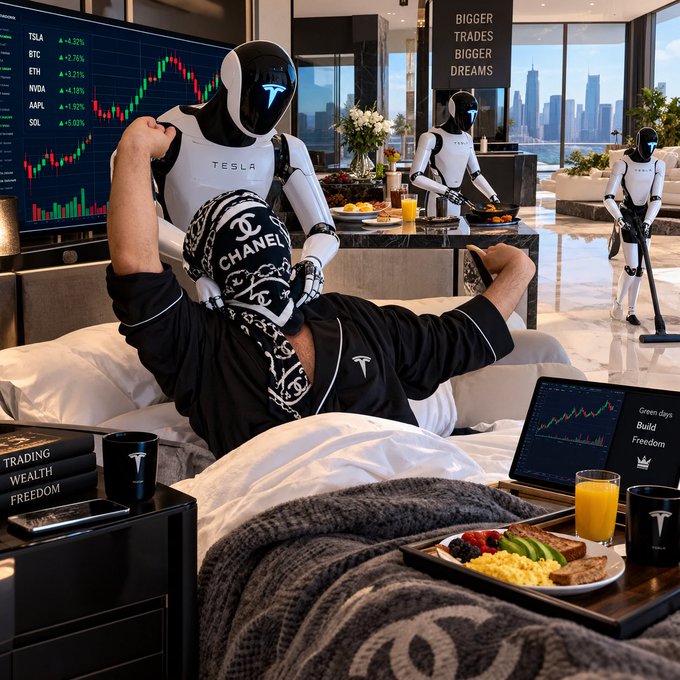 An AI-generated scene of a Tesla Optimus robot sitting on a bed while a person in a luxury penthouse rests, with other robots serving breakfast and stock tickers displayed on screens.