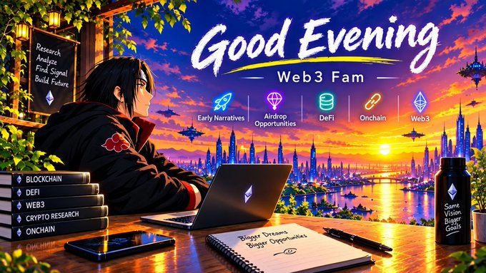A stylish anime-inspired image features a character working on a laptop at a desk overlooking a vibrant cityscape at sunset, with the text "Good Evening — Web3 Fam" prominently displayed alongside icons for "Early Narratives," "Airdrop Opportunities," "DeFi," "Onchain," and "Web3." The post highlights Zeru Finance and its ZeruAI, emphasizing how it moves beyond simple metrics like wallet count and raw volume to analyze the deeper quality of crypto participation, which aligns with the image's on-chain research and analytics theme.