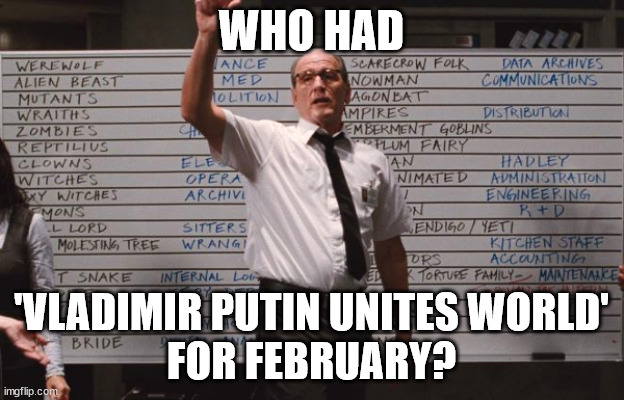 The image features a man standing in front of a whiteboard with a caption that reads, "Who had Vladimir Putin unite world for February?". The caption also includes an AI-generated response that says, "Nothing hits quite like watching AI spin vresh crypto narratives in real time memes that actually land X payments turn the best ones into real flows everything else is just another agent hallucinating volume imma keep stacking the ones".