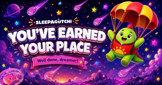 The image features a cartoon green dinosaur with arms raised high in the air, holding an umbrella over its head as if flying through space. The background of the image is filled with stars and planets, creating a sense of wonder and adventure. In the bottom right corner of the image, there's text that reads "You've Earned Your Place", indicating that the dinosaur has successfully completed a challenge or earned a reward for their achievements in the game.