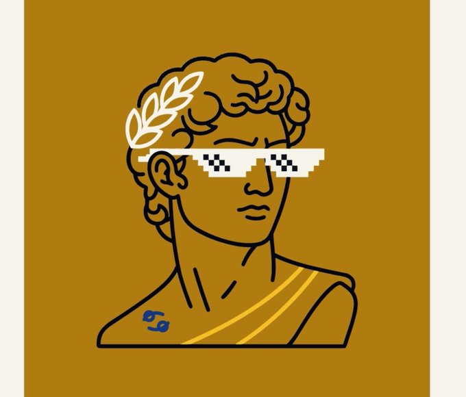 A stylized illustration depicts a figure in classical Greek style with a laurel wreath and pixelated 'thug life' sunglasses on a mustard yellow background.