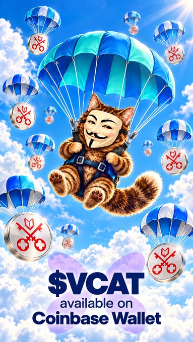 A promotional image for '$VCAT available on Coinbase Wallet' showing a tabby cat wearing a Guy Fawkes mask descending with a blue parachute, surrounded by parachuting coin icons with red logos.