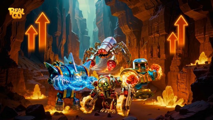 Three armored mechanical robots battle in a fiery cavern beneath glowing upward arrows, with the "REAL GO" logo displayed in the top-left corner—visually reinforcing the post's encouragement to keep grinding harvesters for greater rewards.