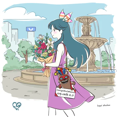 An illustration by Saegoi Akasaka depicts a girl with long blue hair holding a bouquet of flowers and a bag with a monster character that reads 'congratulations xrp cafe 2.0'.