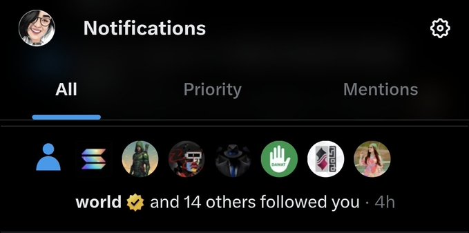 A screenshot of a 'Notifications' page showing tabs for All, Priority, and Mentions, with a notification reading 'world and 14 others followed you · 4h' below several user avatars.