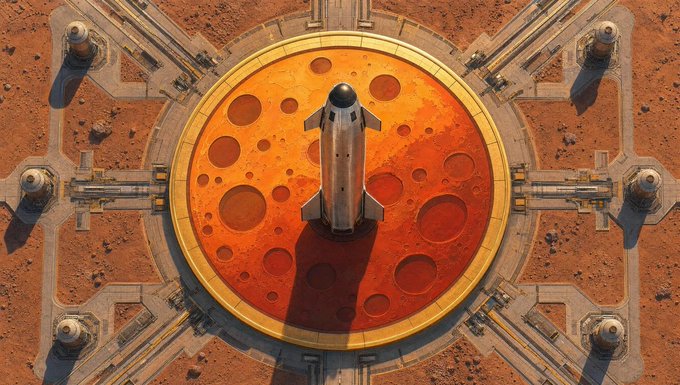An overhead view of a sci-fi facility on a red, Mars-like surface features a central circular pad with a retro-futuristic rocket ship, connected by walkways to four outer towers.