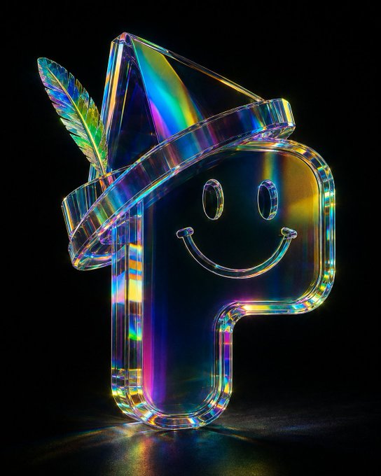 A vibrant, iridescent rainbow-colored 3D render of a stylized character with a wizard hat and feather, featuring a simple smiley face against a black background.