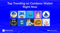 A blue promotional banner titled 'Top Trending on Coinbase Wallet Right Now' displaying a grid of NFT collectible icons.