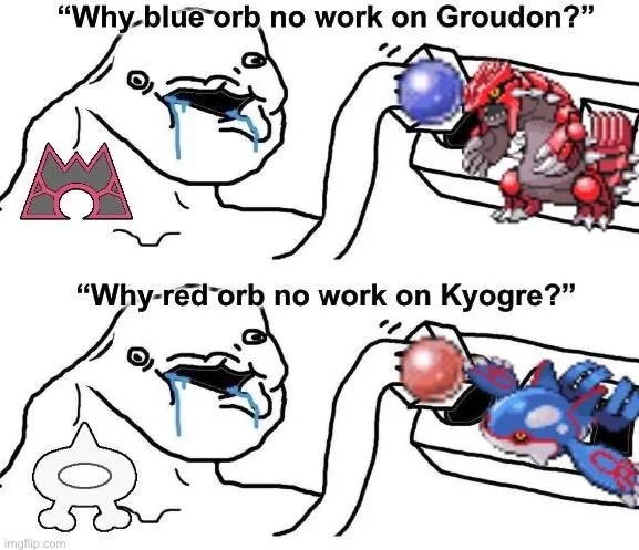 The image shows two cartoon drawings of a person with a red mouth holding a blue ball over their head. The text above the drawings reads "Why-red orb no work on Kyogre?".